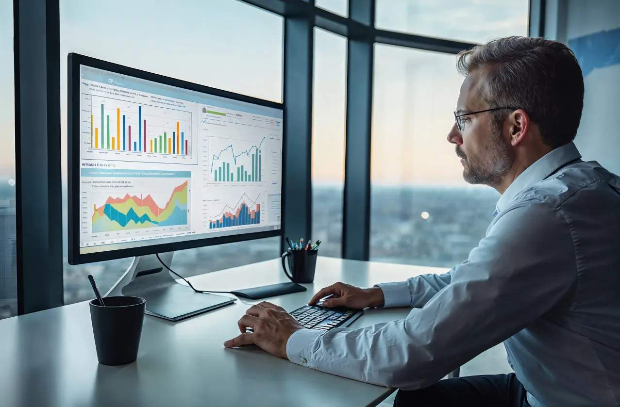 Gestor analisando dashboards em um escritório